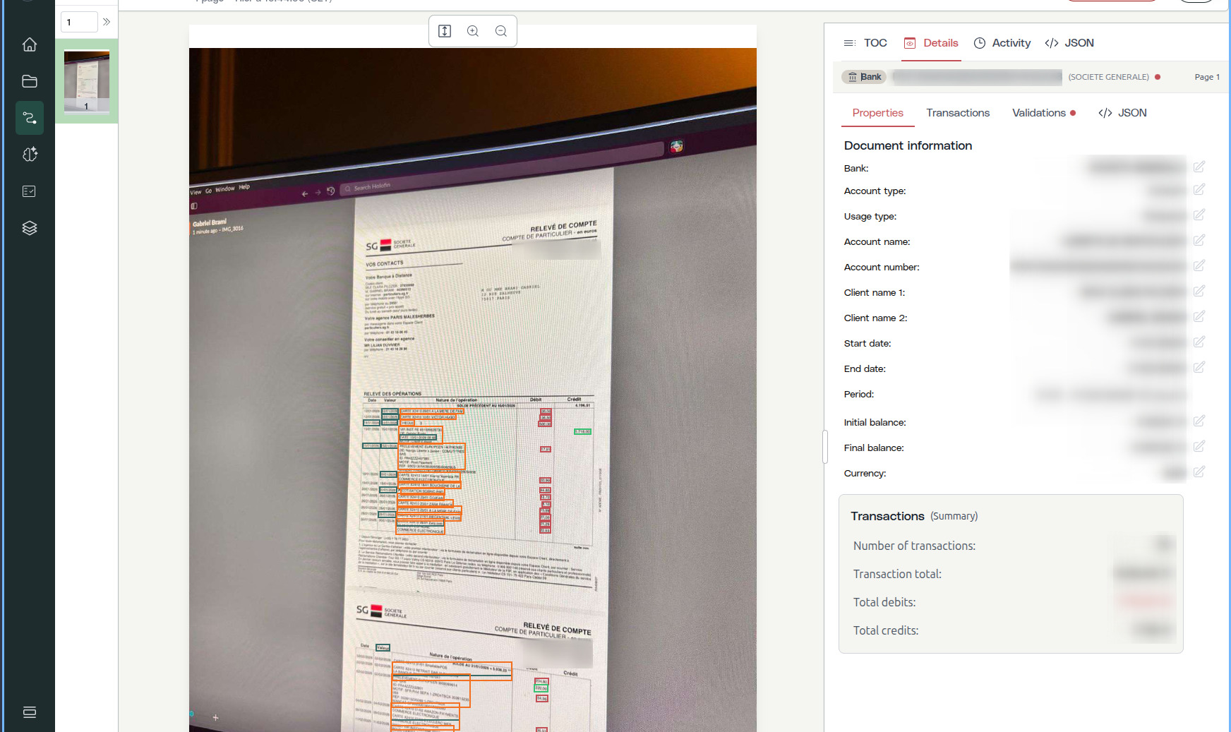 Holofin UI extracting from a degraded scan with bounding boxes and extracted properties