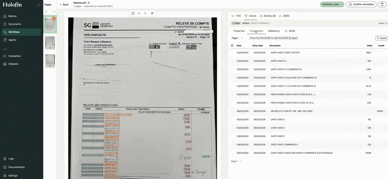 Revue humaine d'un relevé Société Générale dans le workflow Holofin : bounding boxes, champs extraits et validation